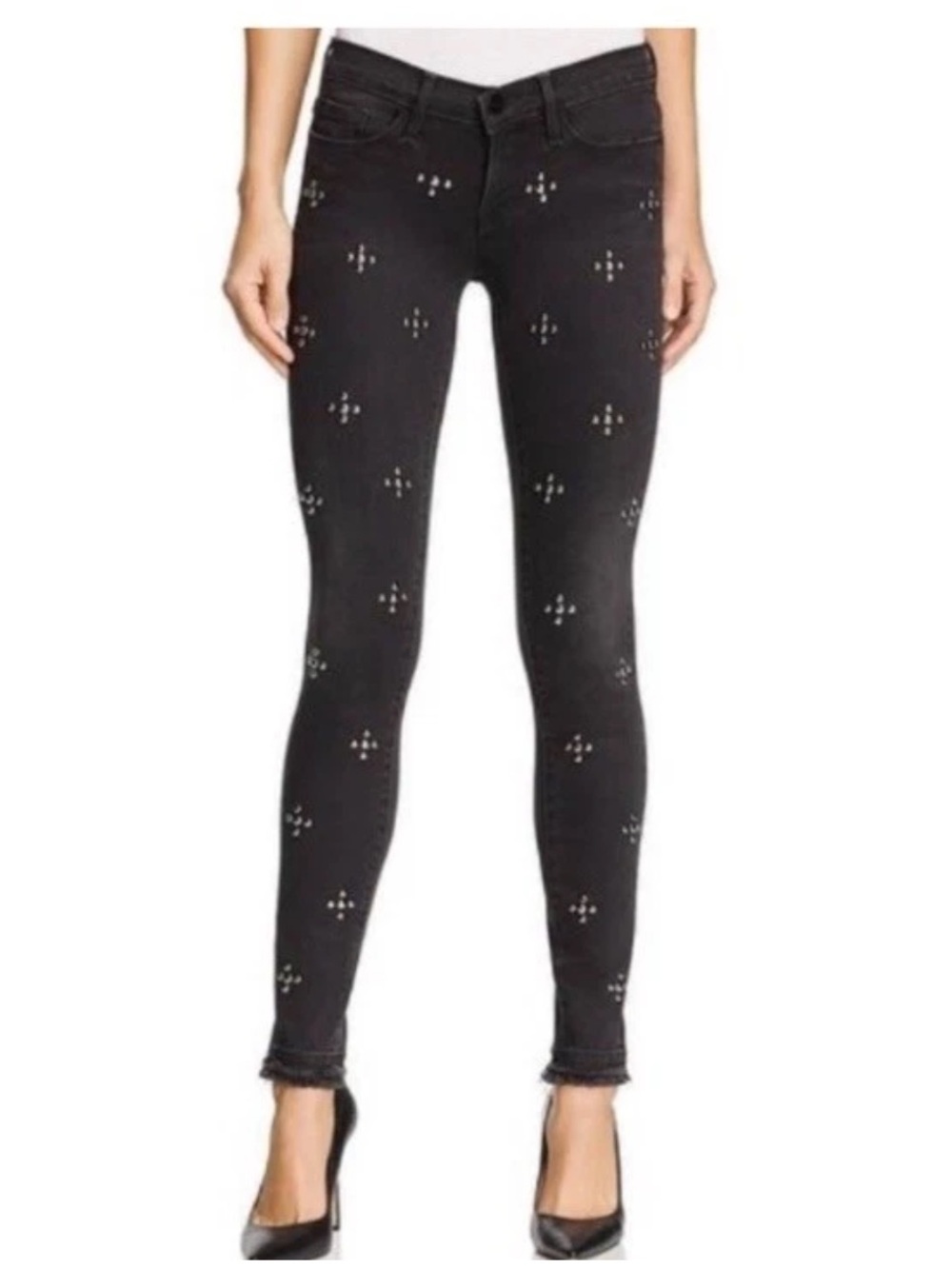 Frame Le Skinny De Jeanne Jeans 31 Black Carlton Studs Mid Rise Fringe Hem USA